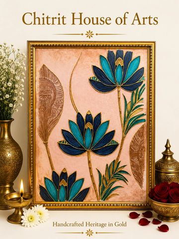 Blue lotus botanical abstract Tanjore painting peach background gold — Chitrit House of Arts
