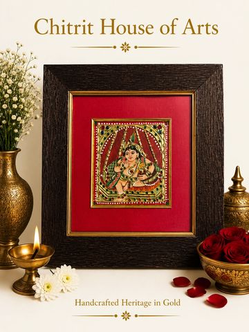 Bal Krishna Jhula Leela baby on swing Tanjore painting — Chitrit House of Arts