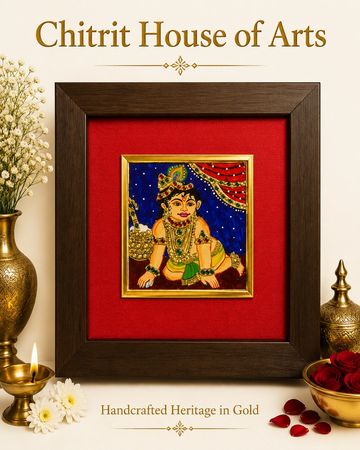 Bal Krishna Makhan Chor night sky Tanjore painting — Chitrit House of Arts
