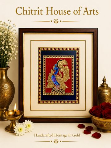 Sacred peacock blue gold Tanjore painting red background ruby border — Chitrit House of Arts
