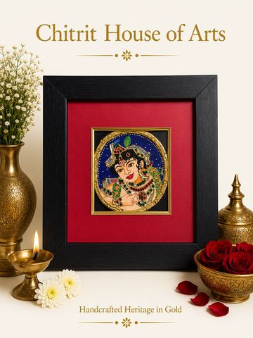 Krishna circular medallion round format Tanjore painting — Chitrit House of Arts