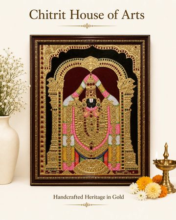 Large Tirupati Balaji Tanjore painting black background gold arch — Chitrit House of Arts