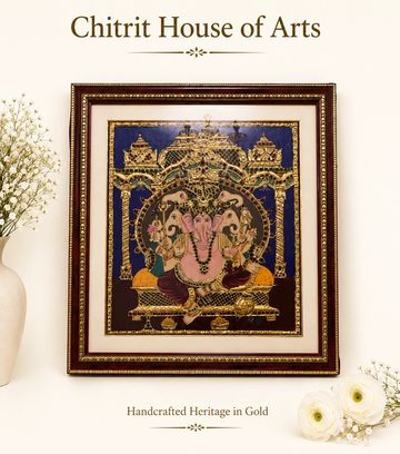 Panchamukhi Ganesha large Tanjore painting navy blue temple arch — Chitrit House of Arts
