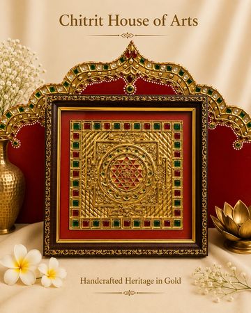 Sri Yantra sacred geometry Tanjore painting gold foil crimson — Chitrit House of Arts