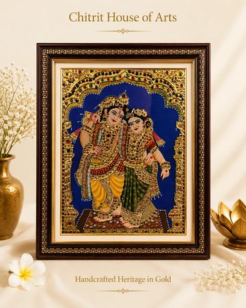 Radha Krishna handcrafted Tanjore painting with gold foil and stone arch — Chitrit House of Arts