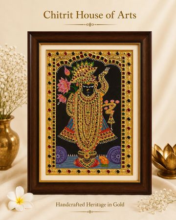 Shrinathji Tanjore painting with gem border and 22K gold foil — Chitrit House of Arts