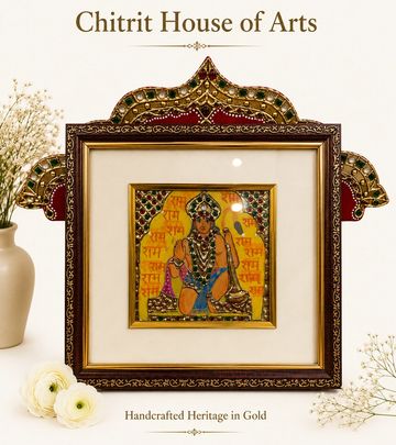 Ram Naam devotional seated hanuman Tanjore painting with temple frame — Chitrit House of Arts