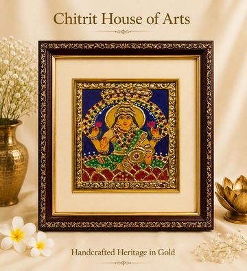 Handcrafted Maa Lakshmi Tanjore painting with 22K gold foil and stone embellishments — Chitrit House