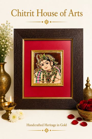Ladoo Gopal Bal Krishna close portrait Tanjore painting — Chitrit House of Arts