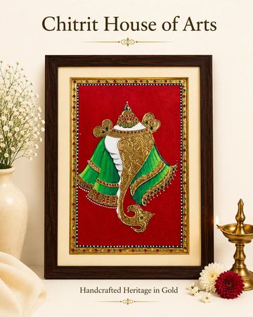 Sacred Shankh conch Tanjore painting gold foil maroon background — Chitrit House of Arts