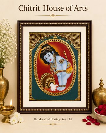 Navaneeta Krishna baby butter Tanjore painting teal oval — Chitrit House of Arts