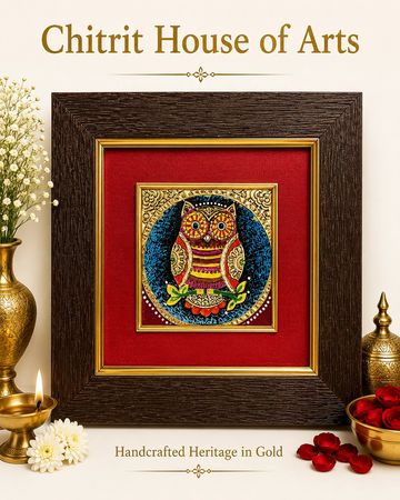 Uluka Lakshmi's owl sacred symbol Tanjore painting — Chitrit House of Arts
