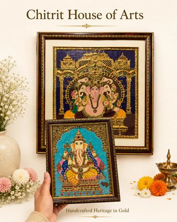 Vighneshwara Ganesha face Tanjore painting with temple top frame — Chitrit House of Arts