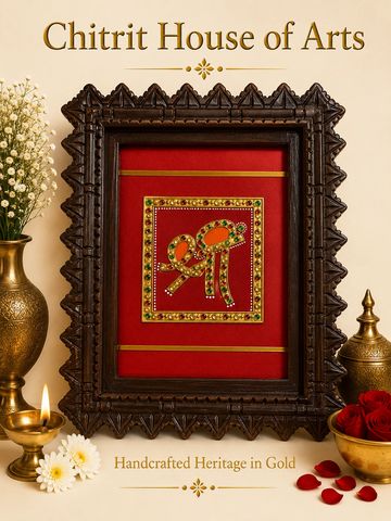 Shreeng Sacred Beej Mantra Tanjore painting carved wood frame — Chitrit House of Arts