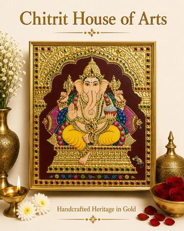 Siddhivinayak Ganesha seated Tanjore painting gold arch — Chitrit House of Arts
