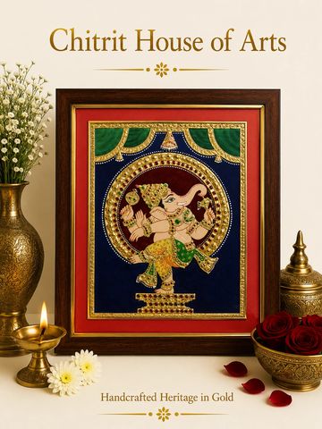 Nritya Ganesha dancing cosmic Tanjore painting navy blue — Chitrit House of Arts