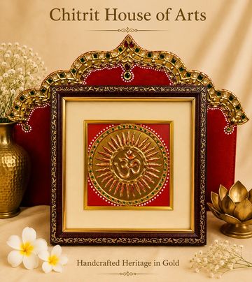 Om Aum sacred symbol Tanjore painting gold sun mandala temple frame — Chitrit House of Arts