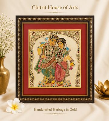 Radha Krishna dancing pose handcrafted Tanjore painting — Chitrit House of Arts