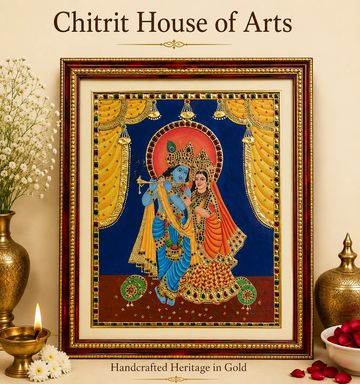 Radha Krishna Venu Gopal heritage painting blue background — Chitrit House of Arts