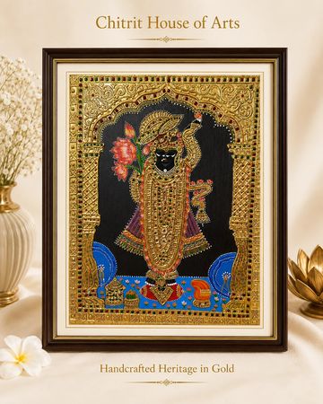 Shrinathji handcrafted Tanjore painting with 22K gold foil on black background — Chitrit House of Ar