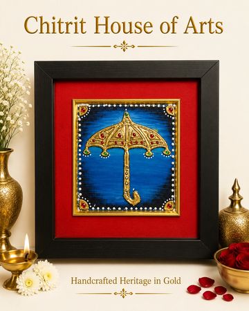 Sacred Chatri royal umbrella Tanjore painting blue background — Chitrit House of Arts