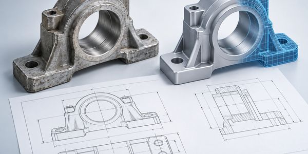 Metal mechanical parts with blueprints and CAD design.