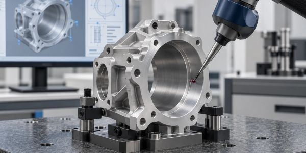 Metal part being precisely measured in a factory.