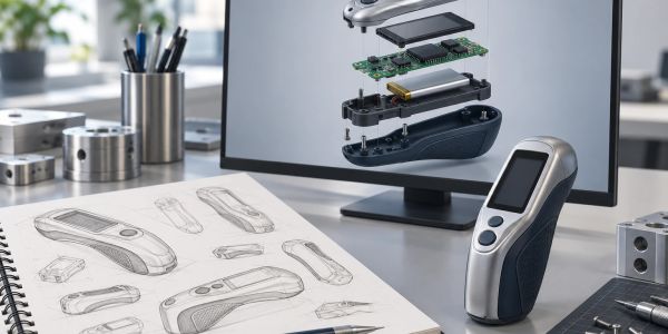 Product design sketches and a 3D exploded view of a handheld device.