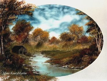 Cabin at Creekside 18 x 24 Oil Painting on stretched canvas by Mina Koury Martin