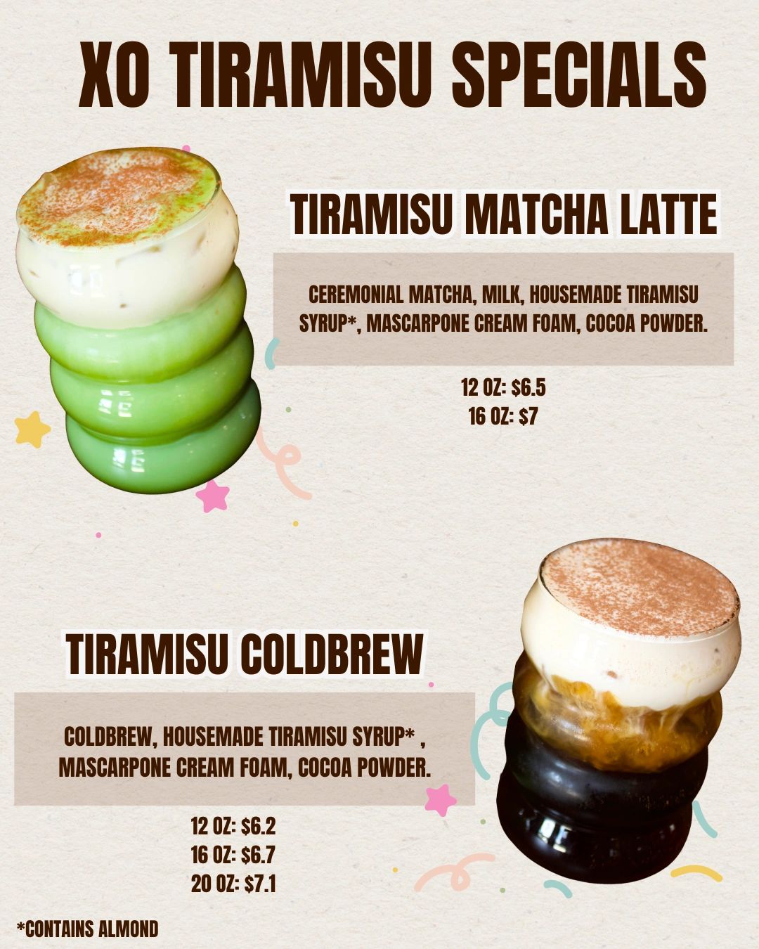 Menu featuring two XO Tiramisu specials: Matcha Latte and Coldbrew with mascarpone foam and cocoa powder.