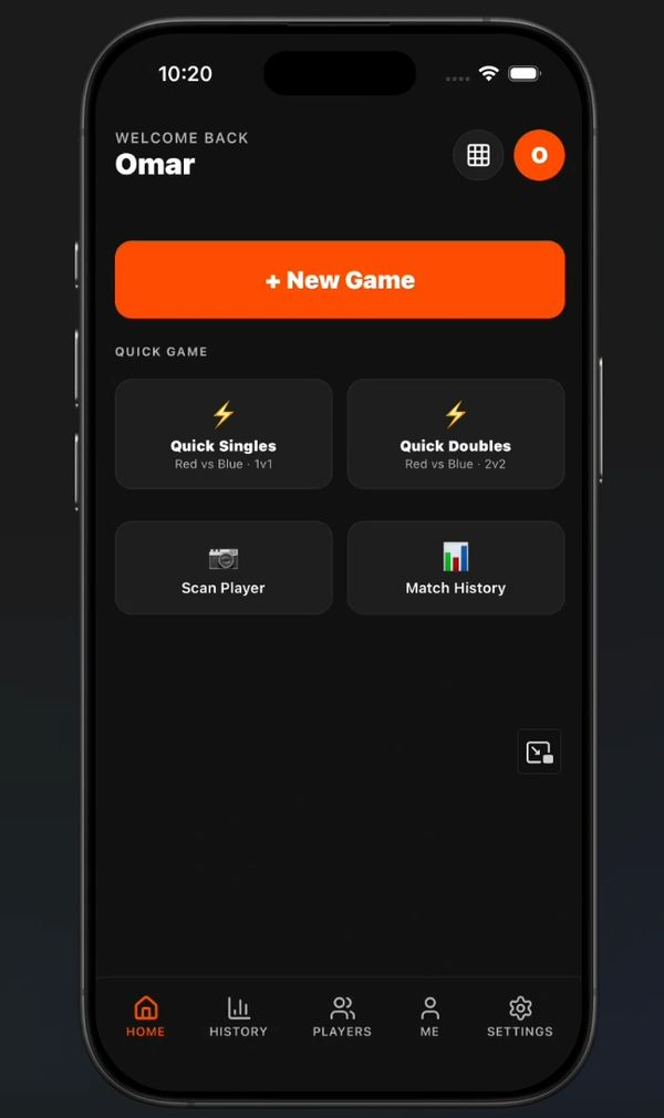 Mobile app home screen with game options and player scan feature.