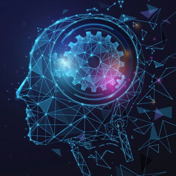 Digital human head with a gear inside, symbolizing artificial intelligence and cognition.