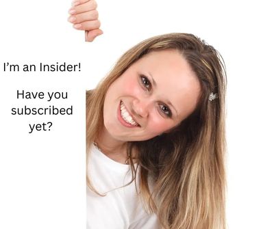 Smiling woman peeks from behind a board inviting subscription.