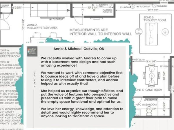 Testimonial praising Andrea for excellent basement renovation design and project planning.