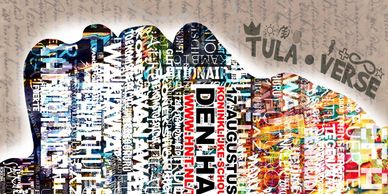 Colorful text art forming a face silhouette with mixed typography styles.