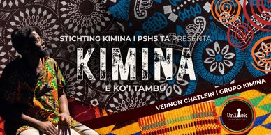 Promotional poster for Kimina music event featuring a musician and vibrant African patterns.