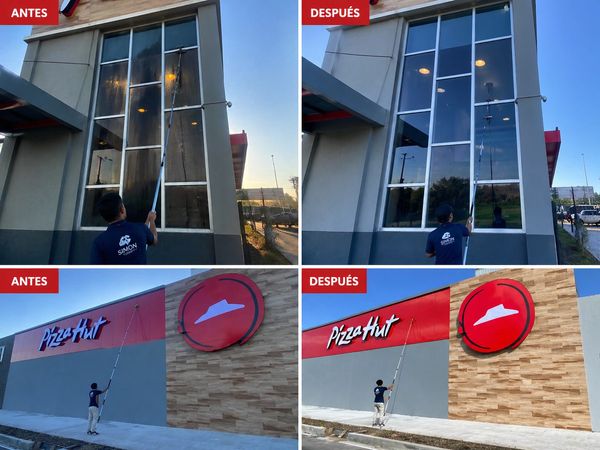 Limpieza de fachada y vidrios exteriores post remodelación para restaurante Pizza Hut en El Salvador