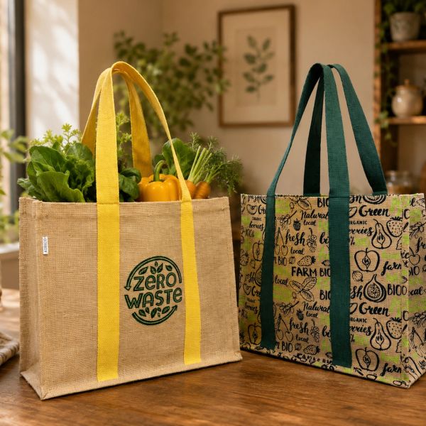 Two reusable grocery bags filled with fresh vegetables.