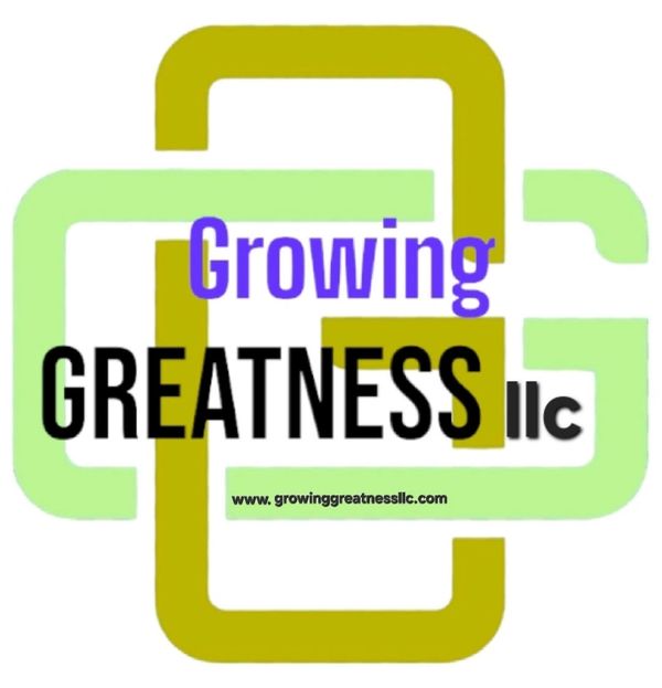 Logo featuring intertwined green and gold shapes with 'Growing GREATNESS llc' text.