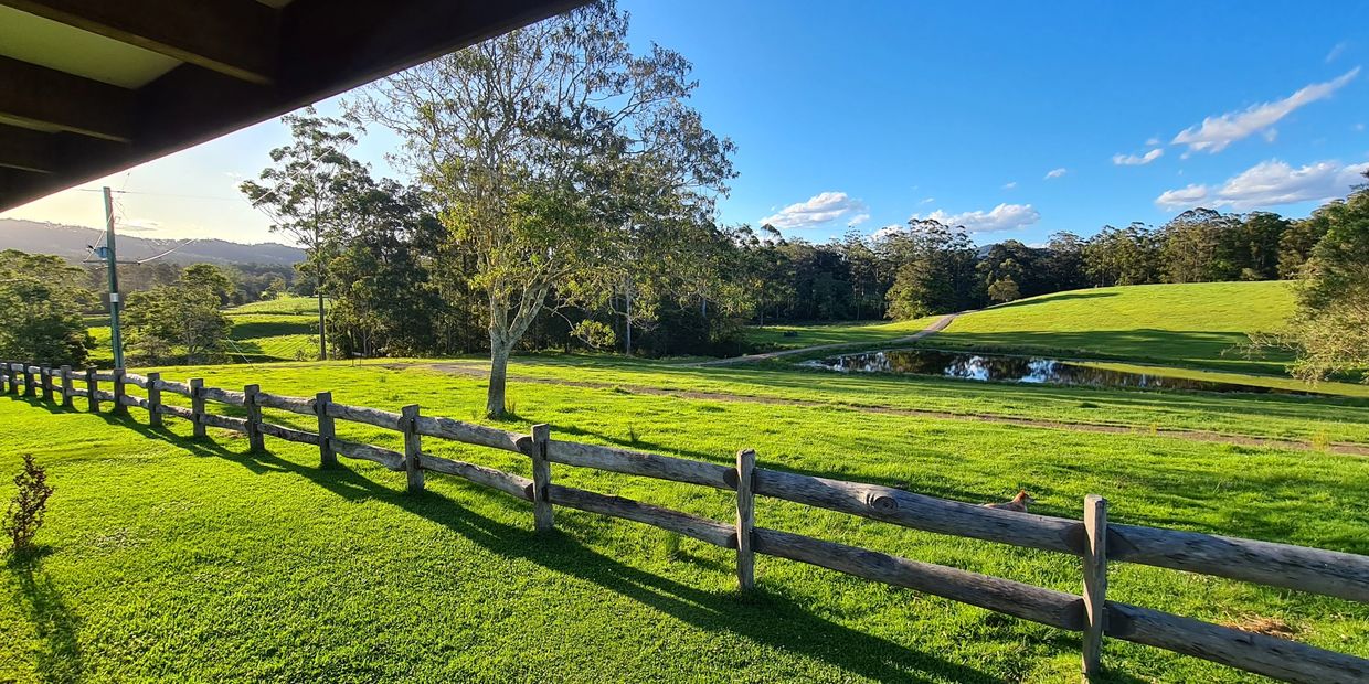 Scenic countryside with green fields, a wooden fence, and a small pond under a clear blue sky.