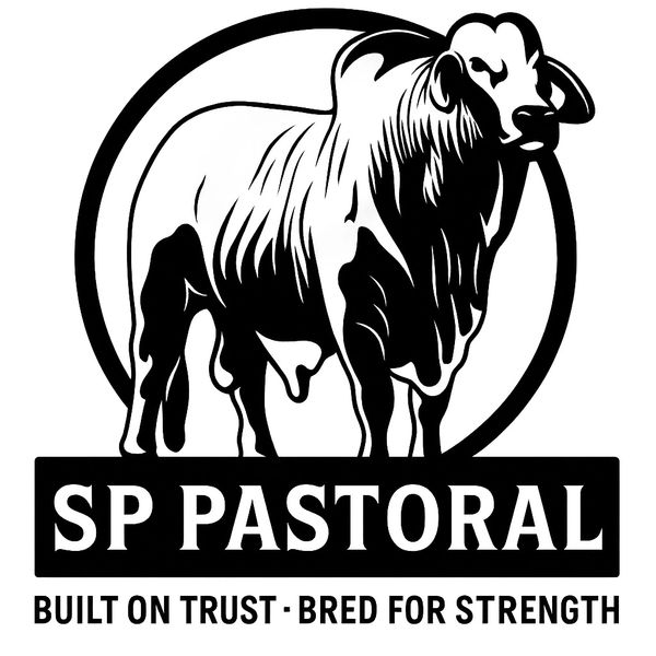 SP Pastoral logo featuring a stud Brahman bull and tagline Built on Trust, Bred for Strength.