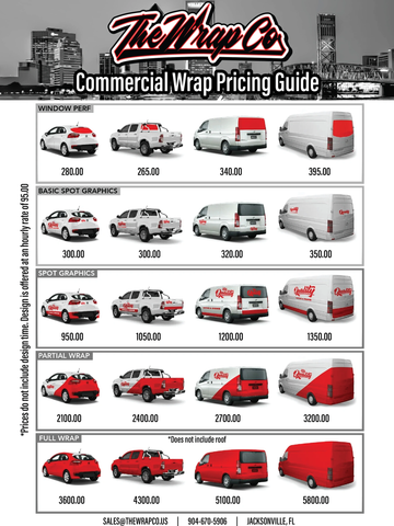Commercial vehicle wrap pricing guide with various wrap options and prices.