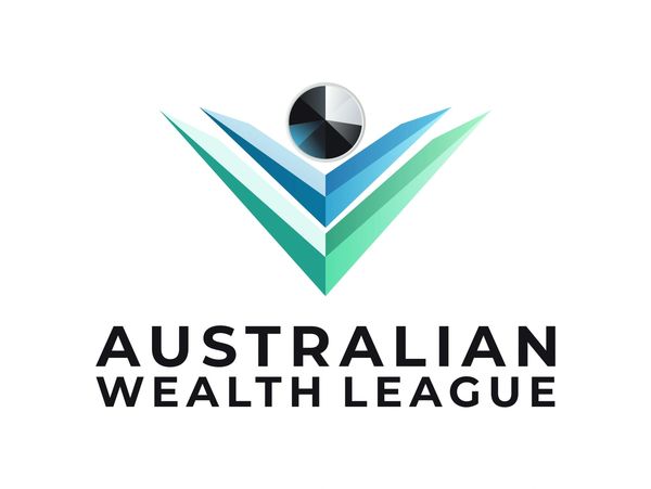 Logo of Australian Wealth League with stylized blue and green V shapes and a circular element.