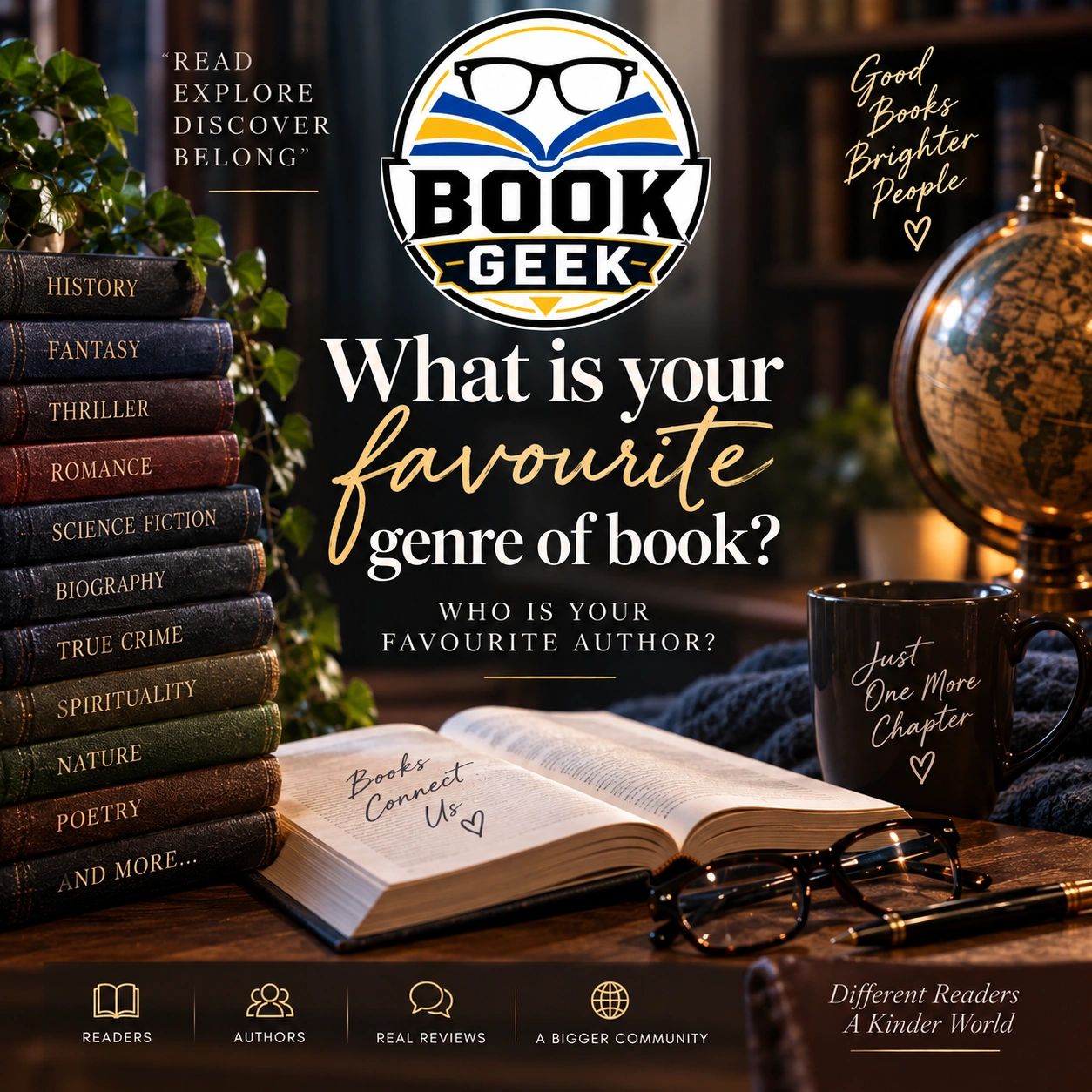An inviting book-themed image asking about favorite genres with books and reading accessories.
