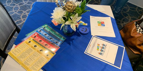 Table setup with colorful charts, documents, and a flower vase on a blue tablecloth.