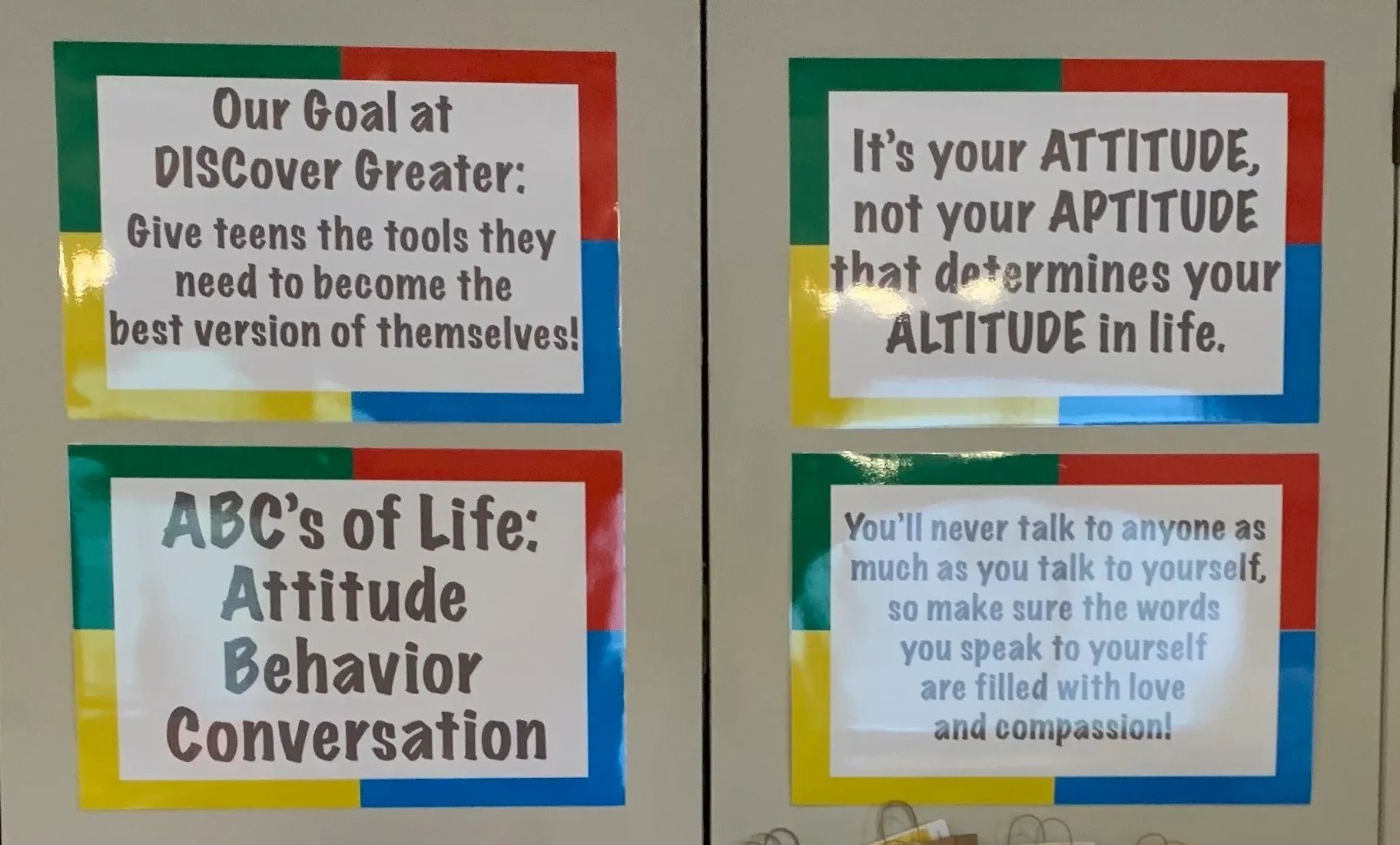 Motivational posters encouraging teens to develop attitude and self-talk for personal growth.