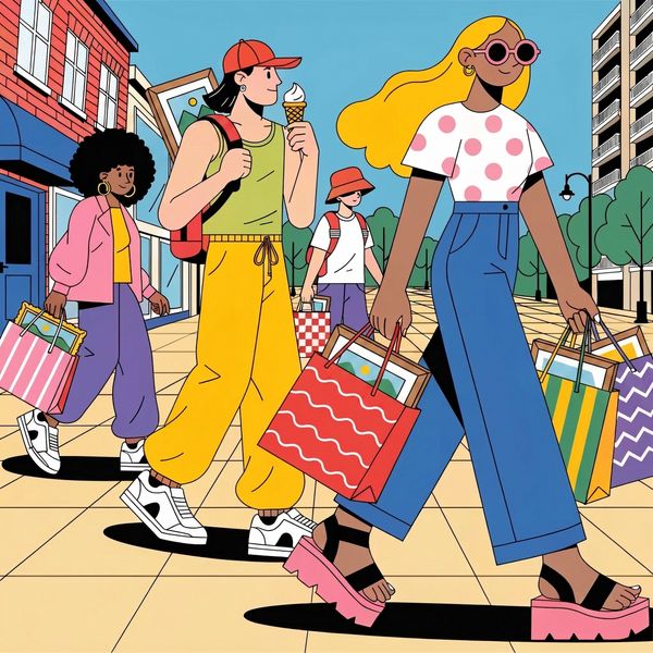 Illustration of people shopping with frames in shopping bags