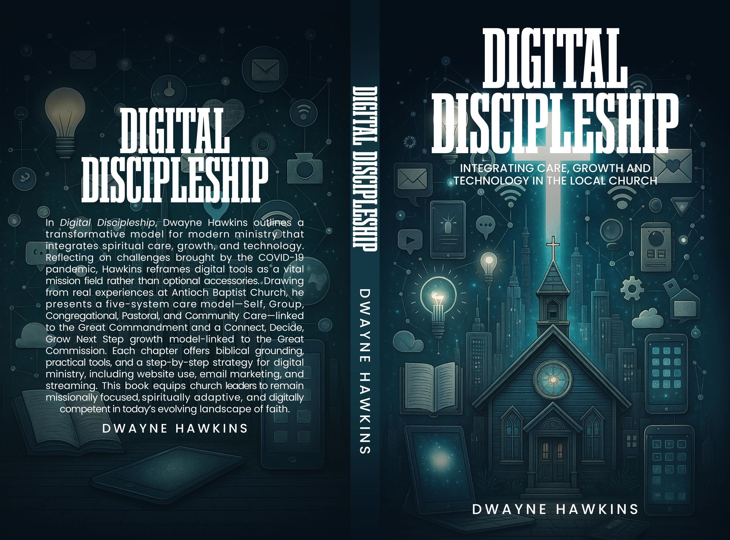 Book cover of Digital Discipleship by Dwayne Hawkins with digital and church icons.