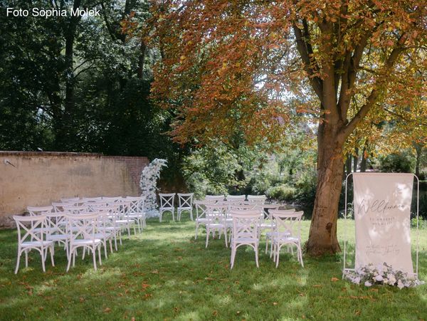 Outdoor wedding setup with white chairs and floral decorations under a tree.