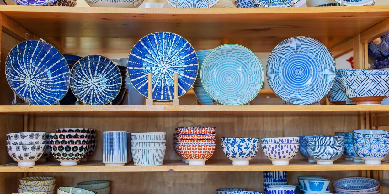 Bowls on a shelf. 